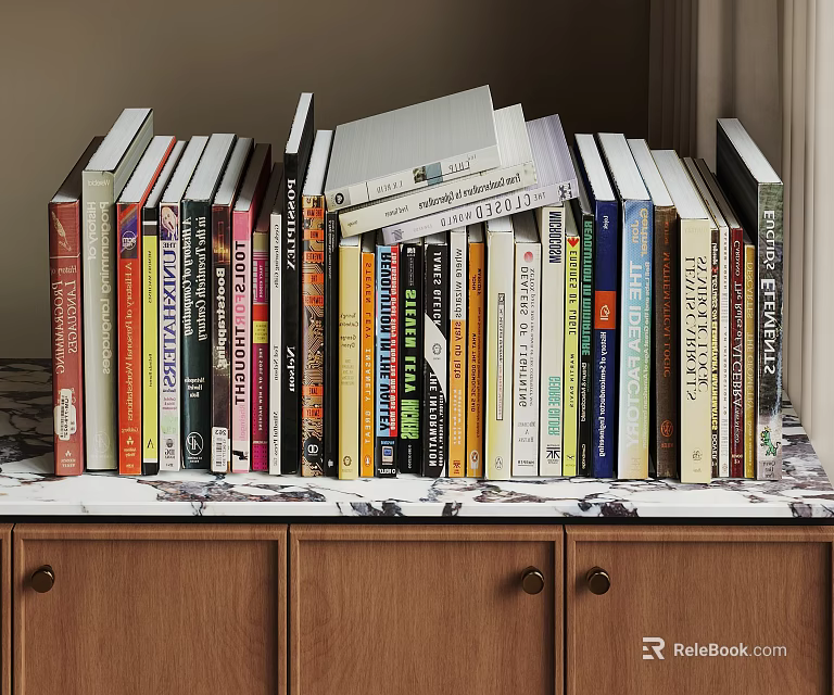 Neatly Arranged Books With Various Colors On Wooden Cabinet Shelf 3d model 