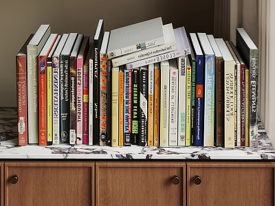 Neatly Arranged Books With Various Colors On Wooden Cabinet Shelf 3d model