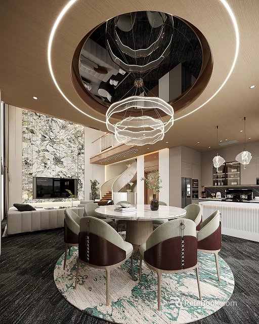 Modern Duplex Living Room With Circular Dining Table And Chandelier 3d model 