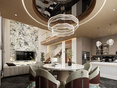 Modern Duplex Living Room With Circular Dining Table And Chandelier 3d model