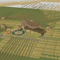 Rural Landscape with Golden Wheat Field Haystacks and Thatched Roof Building Under Blue Sky
