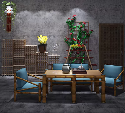New Chinese Tea Table and Chair Bamboo Table and Chair Potted Flower Rack Bamboo Storage Combination 3d model