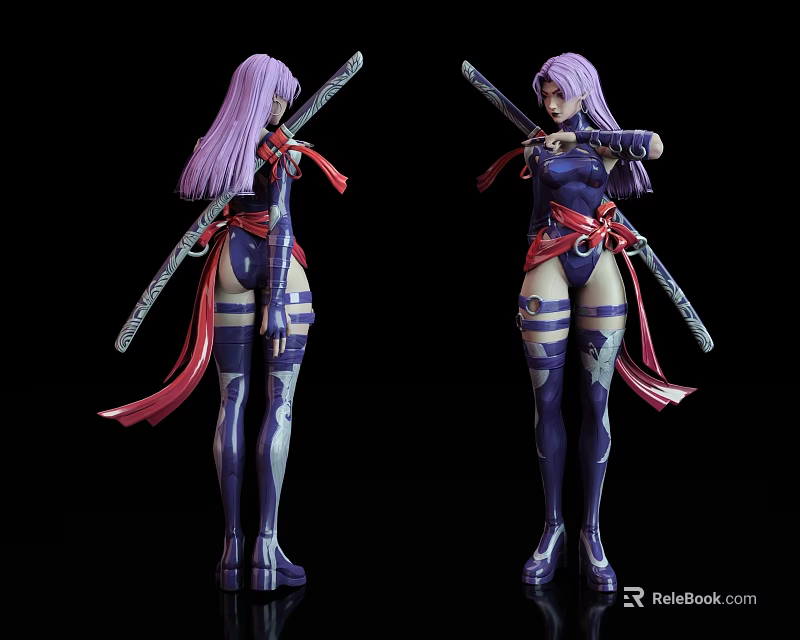 Game Movie Character With Purple Hair Blue Red Outfit And Dual Swords Action Figure 3d model 