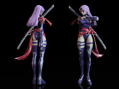 Game Movie Character With Purple Hair Blue Red Outfit And Dual Swords Action Figure 3d model