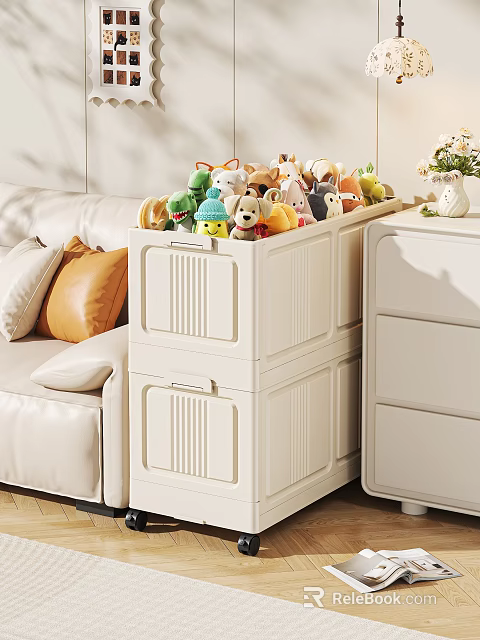 White Fridge Cabinet With Stuffed Toys On Top In Cozy Living Room Scene 3d model 