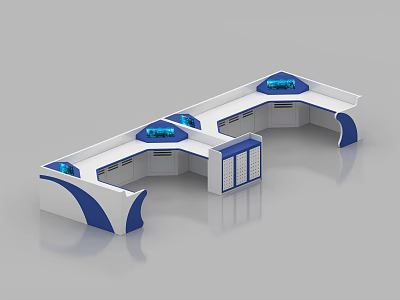 Modern Curved Control Room Console With Multiple Workstations And Blue Screens 3d model