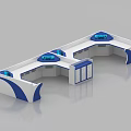 Modern Curved Control Room Console With Multiple Workstations And Blue Screens 3d model