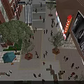 Bustling Commercial Street With Pedestrians Shops Greenery Outdoor Seating And Illuminated Storefronts