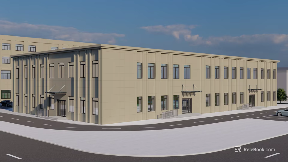 Modern School Building With Light Beige Facade Neatly Arranged Windows And Main Entrance 3d model 