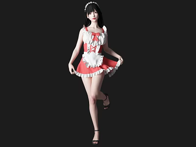 Woman in Red and White Maid Outfit Posing with Short Skirt and Heels 3d model