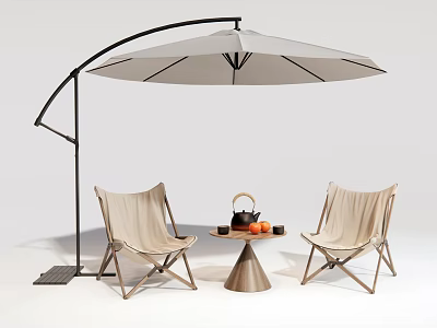 Beige Outdoor Chairs With Wooden Frame And Round Side Table Under Patio Umbrella 3d model