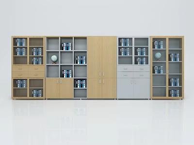 Modern Combination Bookcases With Wooden And Grey Panels Drawers Open Shelves Books And Globe Decoration 3d model
