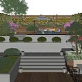 Modern Garden Landscape With Wooden Deck Stone Steps Trimmed Shrubs Purple Flowers And Lighting