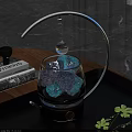 Elegant Decorative Ornament Set with Glass Container Blue Purple Stones Transparent Sphere and Metal Stand