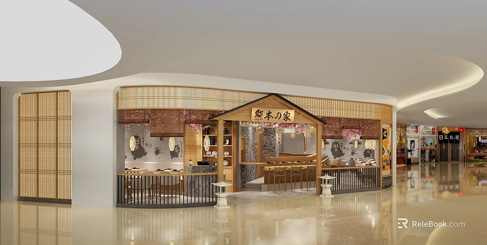 Traditional Japanese Teahouse Interior With Bamboo Structure Cherry Blossom Decor Wooden Counter And Seating Area 3d model 