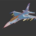 Blue and white fighter jet model with weapons and brown cockpit on dark background