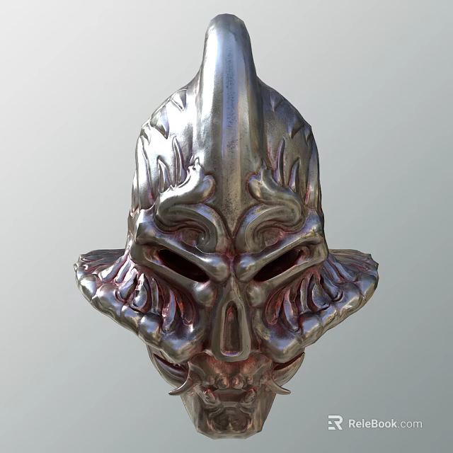 Metallic Mythical Warrior Helmet With Intricate Flame Decorations And Skull Like Face 3d model 