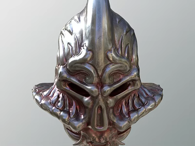 Metallic Mythical Warrior Helmet With Intricate Flame Decorations And Skull Like Face 3d model