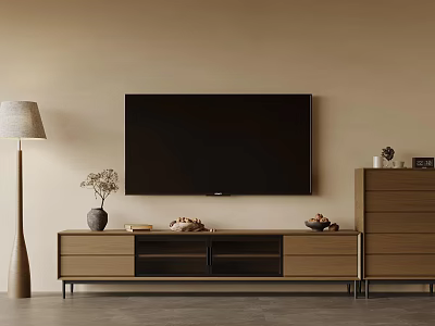 Modern Wooden TV Stand With Wall Mounted TV Vase Decorations And Side Drawer Cabinet 3d model