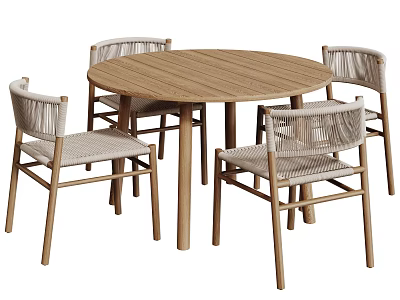 Modern Slatted Round Wooden Dining Table Set With Four Rattan Chairs 3d model