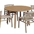 Modern Slatted Round Wooden Dining Table Set With Four Rattan Chairs