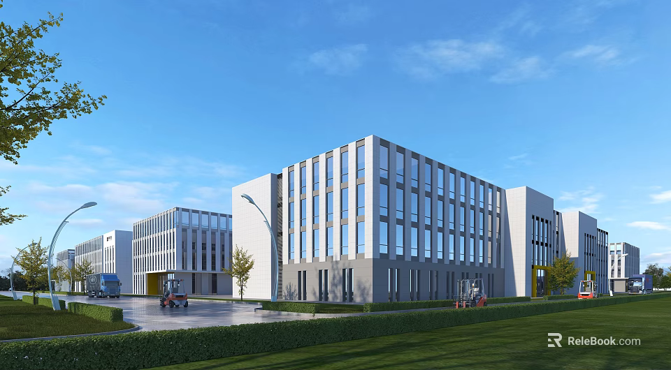 Modern Industrial Factory Building With Glass Curtain Walls Green Lawns And Delivery Trucks 3d model 