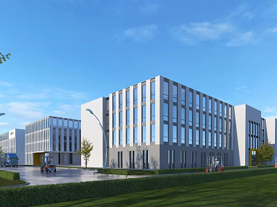 Modern Industrial Factory Building With Glass Curtain Walls Green Lawns And Delivery Trucks 3d model