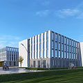 Modern Industrial Factory Building With Glass Curtain Walls Green Lawns And Delivery Trucks