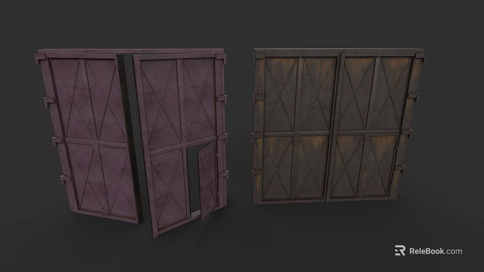 Vintage Aged Wooden Double Doors with Cross Pattern Design and Metal Hardware 3d model 
