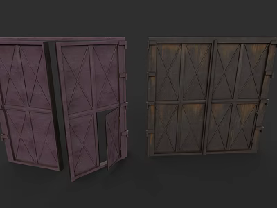 Vintage Aged Wooden Double Doors with Cross Pattern Design and Metal Hardware 3d model