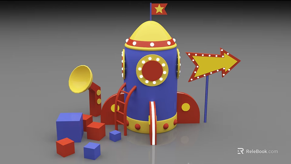 Playful Colorful Rocket Model With Ladder Megaphone Arrow Sign And Blocks 3d model 