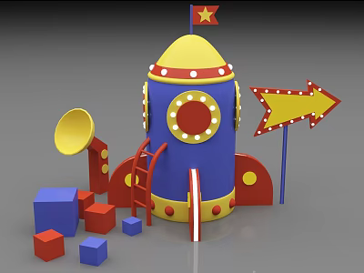 Playful Colorful Rocket Model With Ladder Megaphone Arrow Sign And Blocks 3d model
