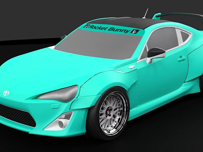 Turquoise Toyota Coupe With Rocket Bunny Sticker And Custom Alloy Wheels 3d model