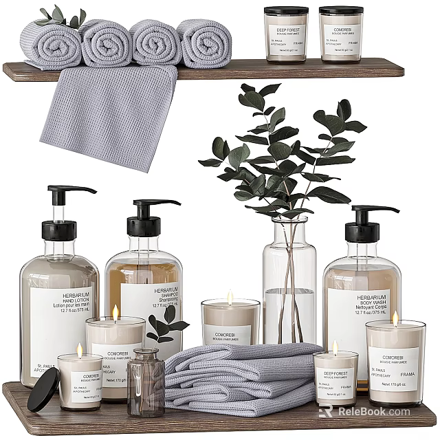 Daily Washing Essentials With Pump Bottles Candles Towels Eucalyptus And Wooden Shelf 3d model 