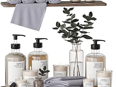 Daily Washing Essentials With Pump Bottles Candles Towels Eucalyptus And Wooden Shelf 3d model