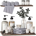 Daily Washing Essentials With Pump Bottles Candles Towels Eucalyptus And Wooden Shelf