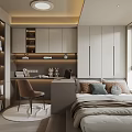 Modern Tatami Bedroom Interior With Storage Cabinets Desk Chair And Decorative Pillows