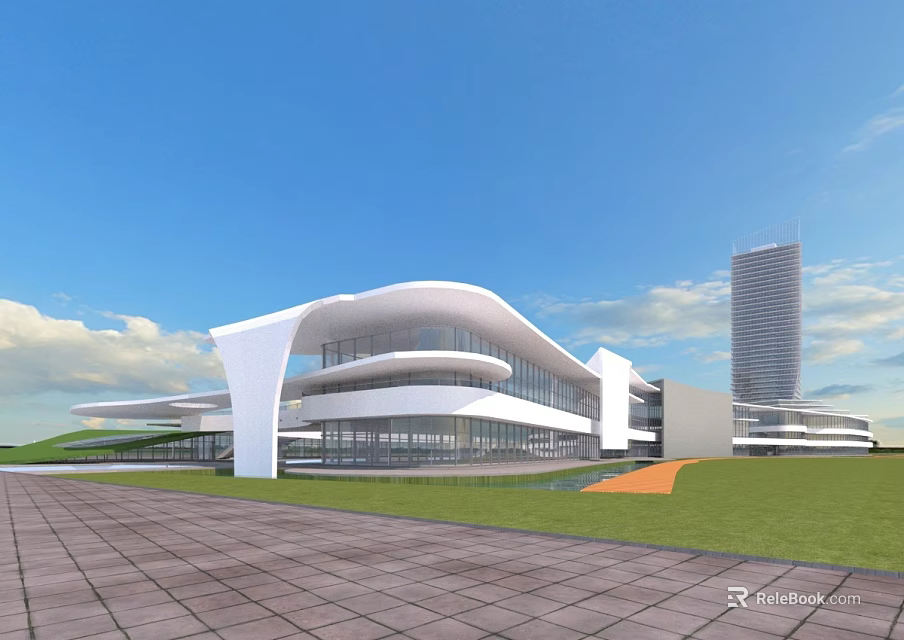 Modern Commercial Complex With White Curved Structure And Green Lawn Plaza 3d model 