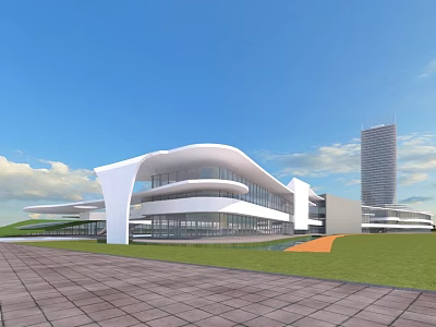 Modern Commercial Complex With White Curved Structure And Green Lawn Plaza 3d model