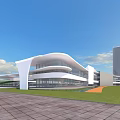 Modern Commercial Complex With White Curved Structure And Green Lawn Plaza