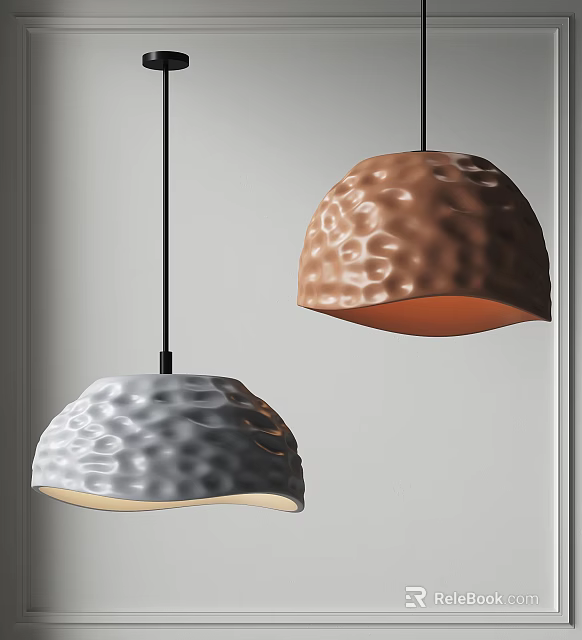 Stylish Textured Brown and Gray Hemispherical Pendant Lights with Shiny Surface on White Wall 3d model 