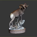 Artistic Detailed Ram Sculpture With Large Curved Horns Standing On Rock Base