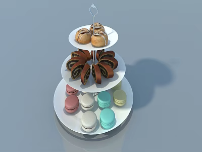 Stylish Swing Door Cabinet With Three Tier Dessert Stand And Colorful Macarons 3d model
