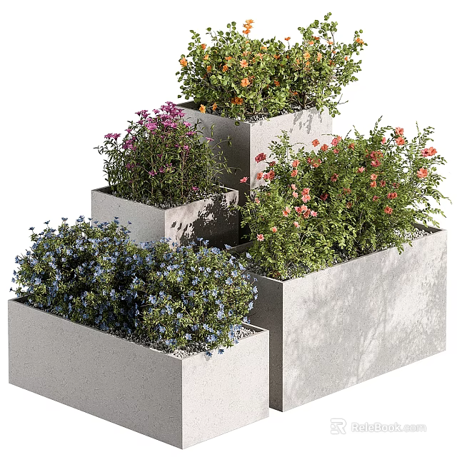 Colorful Potted Plants In Gray Concrete Planters With Various Heights Stepped Arrangement And Vibrant Flowers 3d model 