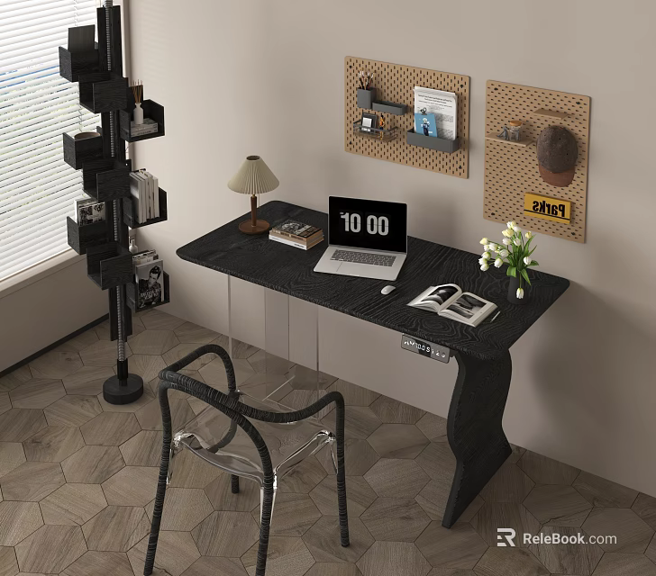 Modern Black Desk Setup With Laptop Books Lamp White Flowers And Transparent Chair 3d model 