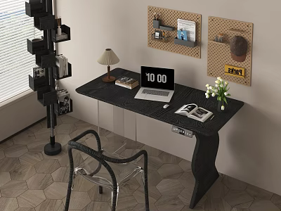 Modern Black Desk Setup With Laptop Books Lamp White Flowers And Transparent Chair 3d model