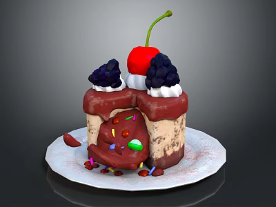 Tasty Cake With Cherry Blackberries Cream Sliced Piece And Colorful Sprinkles On White Plate 3d model