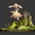 Anime Female Character Figurine With Green Grass Base Rock Pink Dress Rabbit Ears Brown Boots