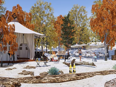 Scenic Campsite With White Tent Autumn Trees Tables Chairs And Sandy Ground 3d model
