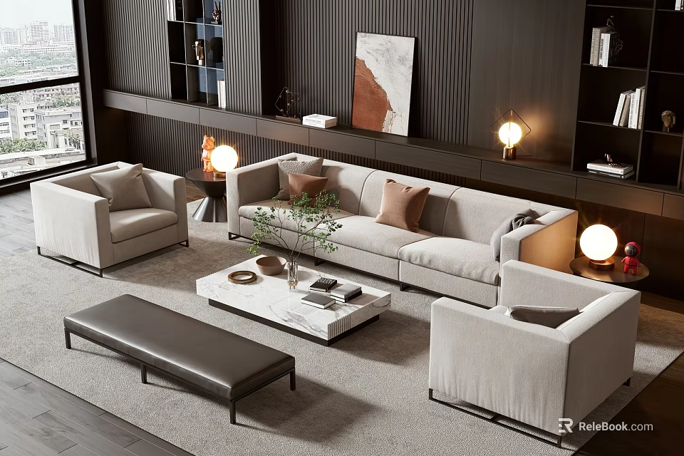 Elegant Modern Living Room Sofa and Coffee Table Set with Armchairs Rug and Table Lamps 3d model 